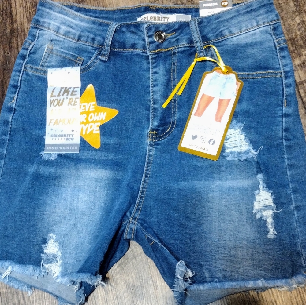 New Celebrity Ace Cotton/Rayon Blend Stretch High-waisted Distressed Shorts